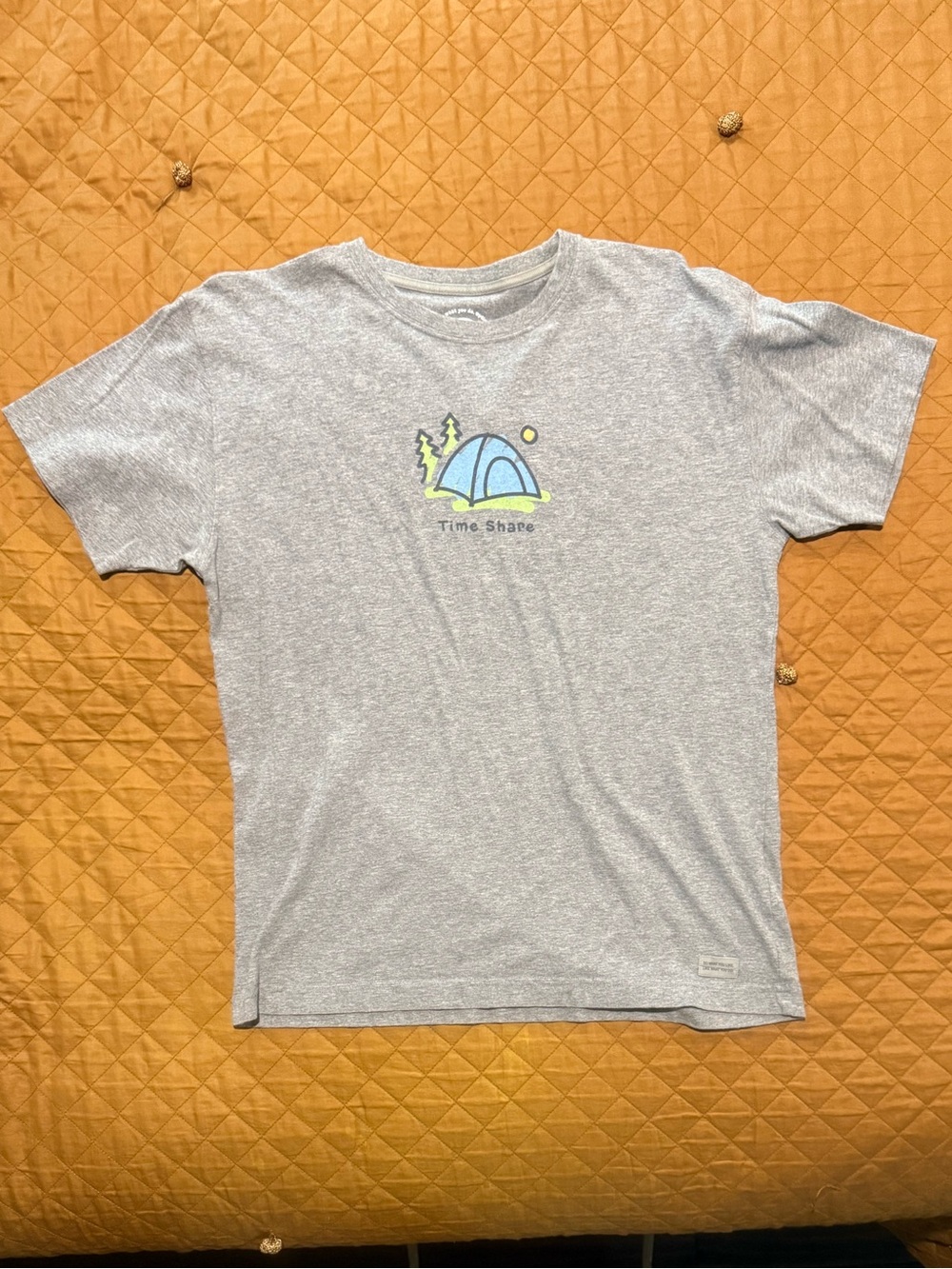 Men’s “Life is Good” Gray Short Sleeve Tee with Time Share Camping Graphic